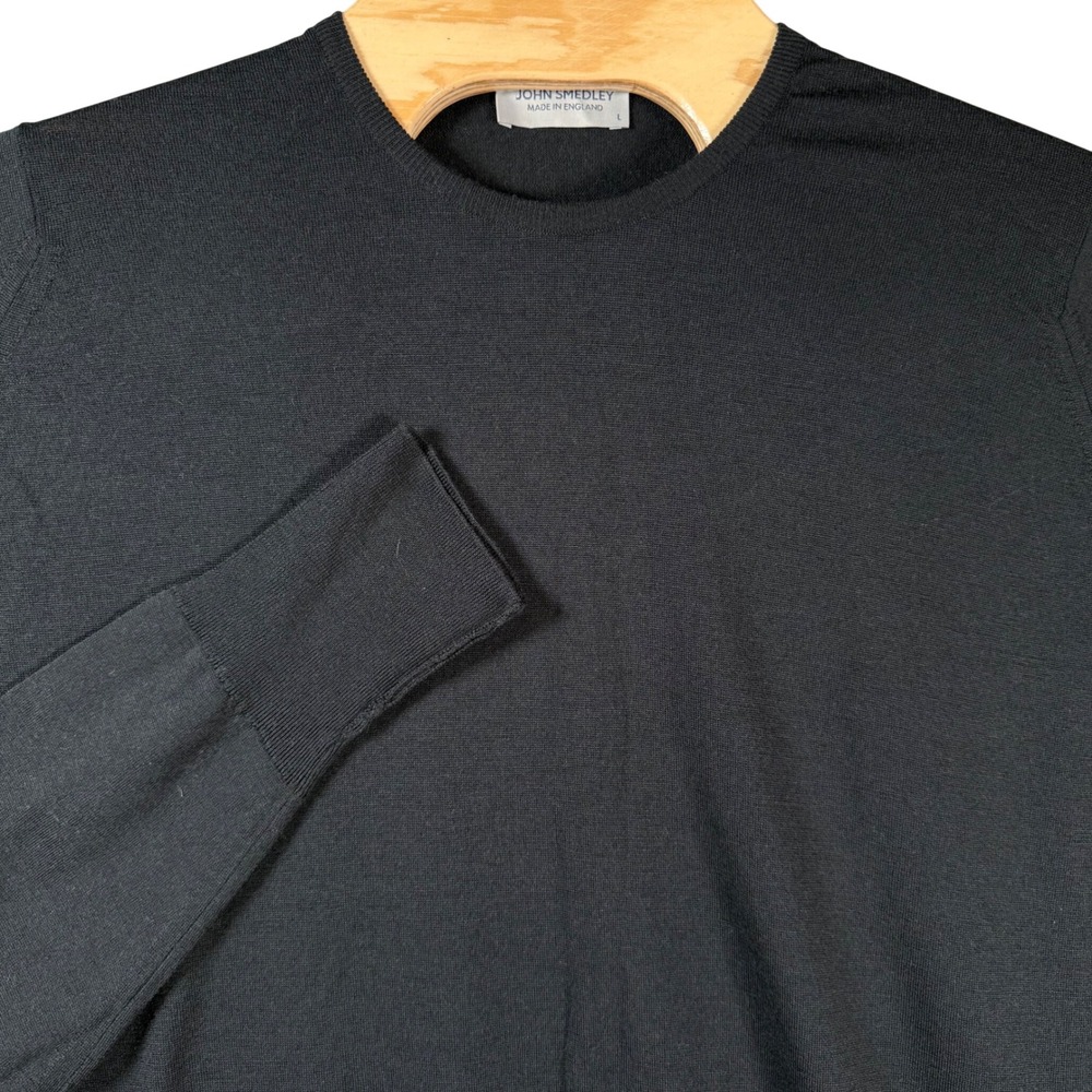 John Smedley Lundy Crew Neck Sweater Mens Large Black 100% Pure Wool Long Sleeve